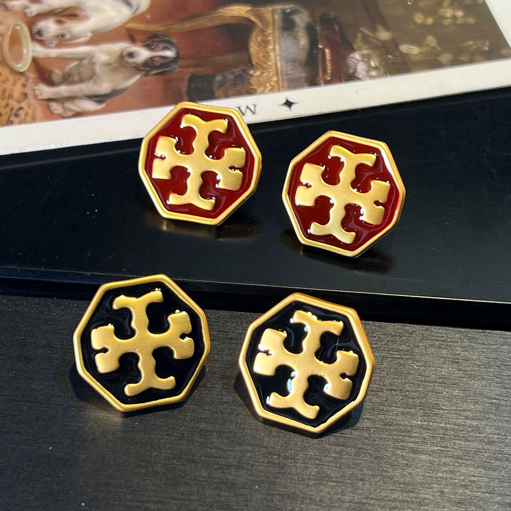 Tory Burch Gold Plated Drip Oil Red Black Earrings Autumn Winter